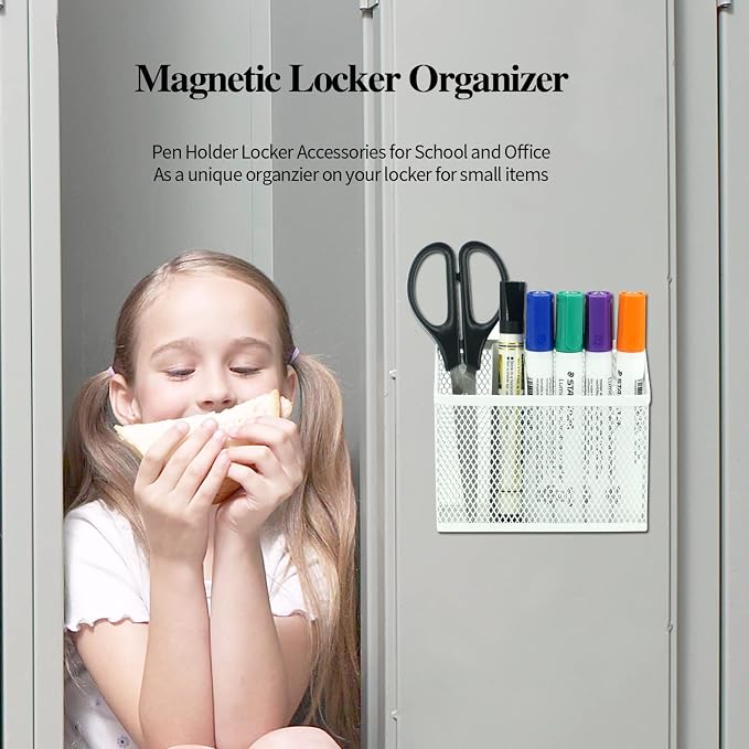 Neudeco Locker Organizer Kit, White, 4-Piece Set | Foldable Mesh Locker Shelf, Magnetic Pen Holders, Stackable Storage, For School, Work & Gym Lockers