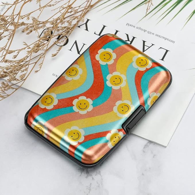 ELFISH Mini RFID Aluminum Wallet Credit Cards Holder Business Card Case Metal ID Case for Men Women（Smile Flower