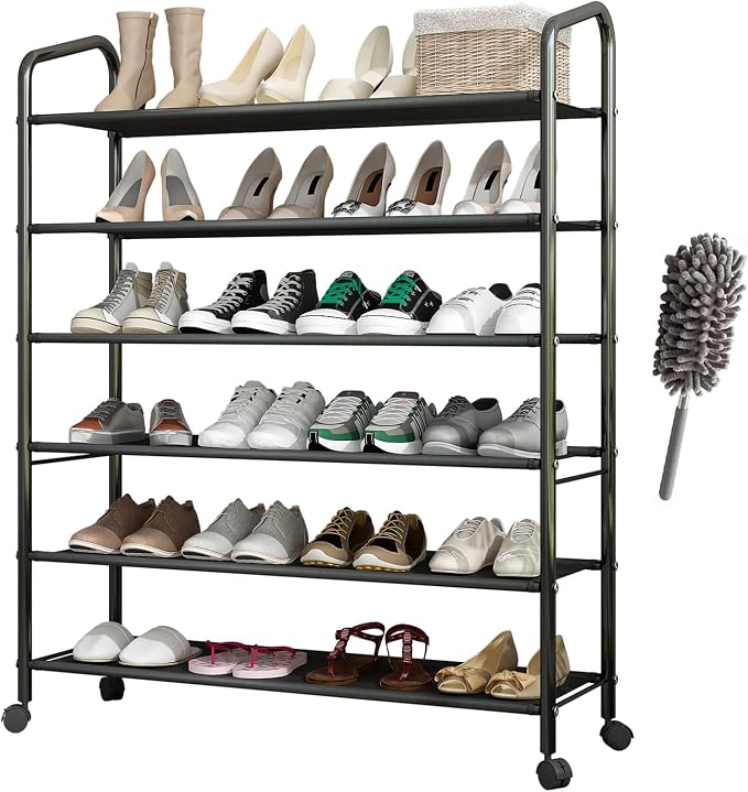 Tall 6-Tier Metal Shoe Rack,Non-Woven Fabric Shoe Shelf,Large Storage Racks with Locking Wheels,Rolling Shoe Storage Organizer Shoe Stand Holders,for Garage Closet Dorm,Black