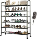 Tall 6-Tier Metal Shoe Rack,Non-Woven Fabric Shoe Shelf,Large Storage Racks with Locking Wheels,Rolling Shoe Storage Organizer Shoe Stand Holders,for Garage Closet Dorm,Black