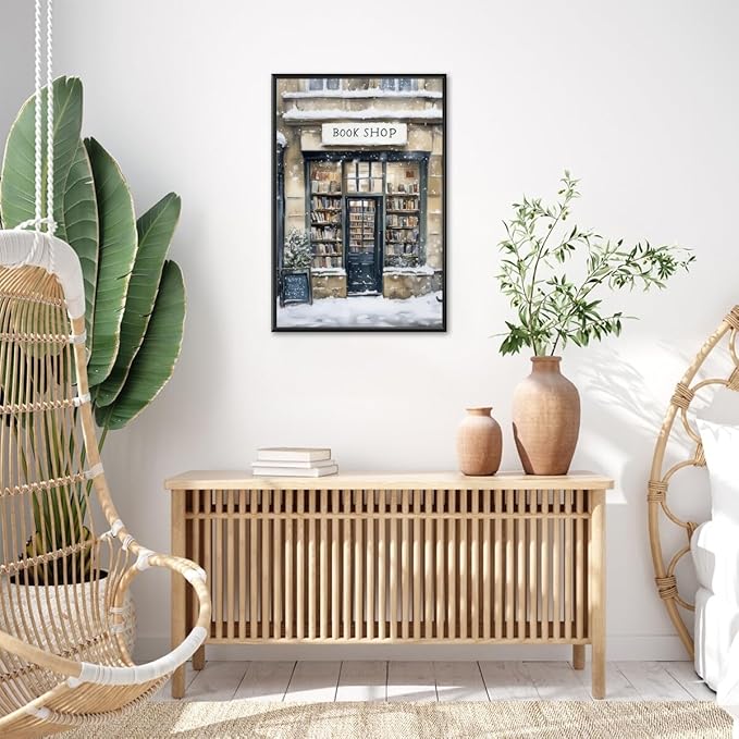 Winter Snowy Bookshop Art Aesthetic Poster Canvas Wall Art Decoration Living Room Home Decor Bedroom Decoration Poster black framed20x30inch