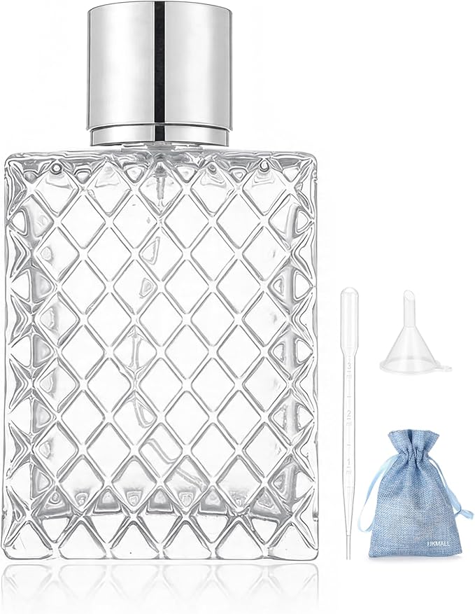 100ML 3.4oz Glass Spray Bottle, Clear, 1-Pack | Silver Aluminum Sprayer, For Essential Oils & Perfumes, Includes Funnel Filler, Includes 3ml Dropper
