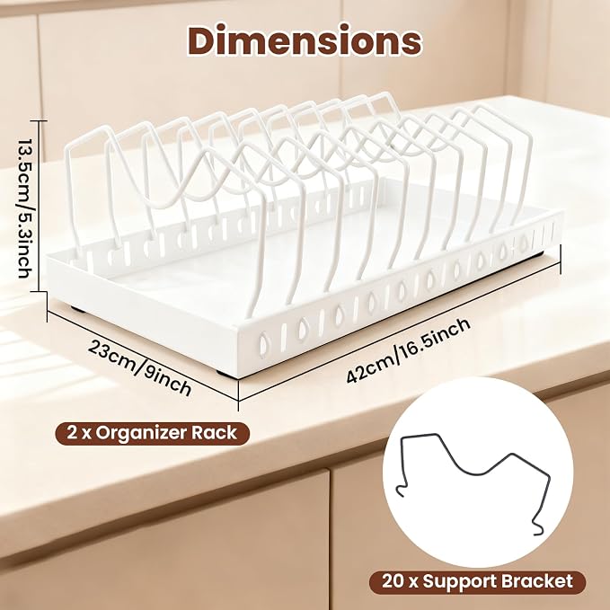 2 Pcs Pots and Pans Organizer Under Cabinet - Expandable Pull Out Cabinet Organizer for Pots and Pans, Pan and Lid Organizers Inside Cabinet, Adjustable Storage Rack, Carbon Steel (White)