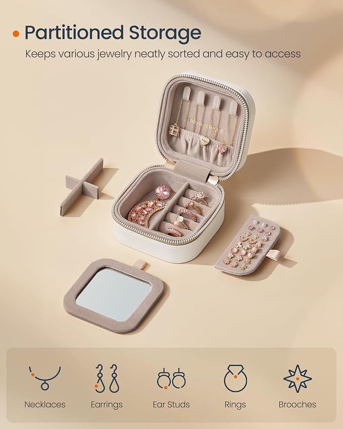 SONGMICS HOME Travel Jewelry Case with Mirror, Stitching, Portable | Jewelry box organizer, 4.1 x 4.1 x 2.4 Inches, Gift Idea, Cloud White, UJBC179W01