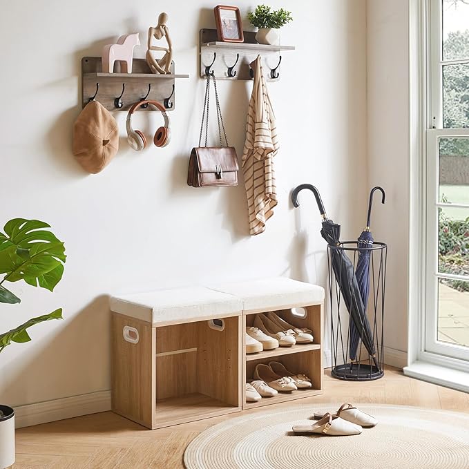 YMYNY Small Shoe Storage Bench with Cushion, Light Natural, HBD028R | 2 Tier Entryway Bench with Storage, Small Shoe Rack Bench with Adjustable Shelf for Entryway 11 x 15.3 x 16.5 Inches