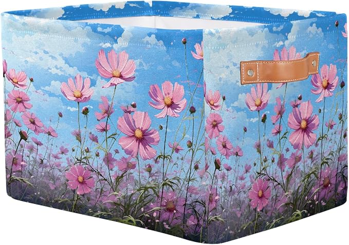 Rectangular Storage Baskets Beautiful Pink Flowers Fabric Storage Bin Toy Organizer Box with PU Leather Handles for Room Decor
