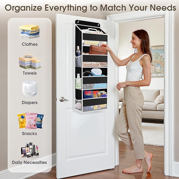 SpaceHacks 2 Pack Over The Door Organizer, Hanging Storage Organizer with Clear Window, 40lb Ultra Sturdy Large Capacity Room Organizer for Pantry Laundry Bathroom Nursery Closet (Black)