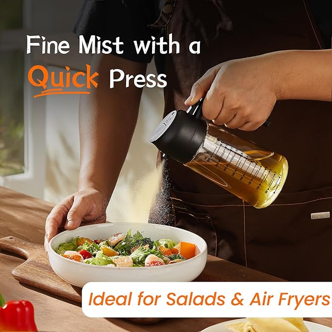 TrendPlain 16oz/470ml Glass Olive Oil Sprayer for Cooking – 2 in 1 Olive Oil Dispenser Bottle for Kitchen Gadgets and Air Fryer Accessories, Salad, BBQ - Black & White