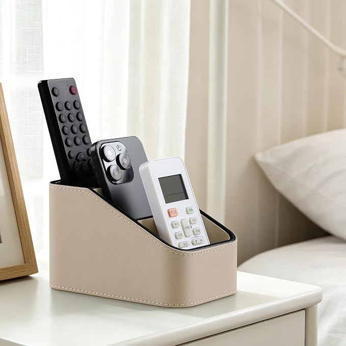 3 Compartments PU Leather Remote Control Holder, TV Remote Holder for Couch | Small Pen Desk Organizer for Office Bedside Living Room, Remote Caddy Nightstand Organizer