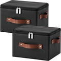 2PCS Storage Bins with Zipper Lid PU leather Storage Boxes Leather Fabric Collapsible Lidded Baskets Cube with Handle Decorative Shelves Closet Office Organizer Container(Black, Small Size)