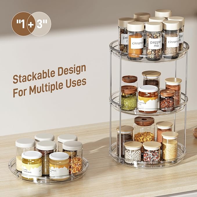 LAMU 3 Pack 2 Tier Lazy Susan Turntable Organizer 9.25'' Rotating Spice Rack Organization for Cabinet, Kitchen, Pantry, Countertop, Bathroom, Vanity, Medicine Cabinet Organizer, Clear