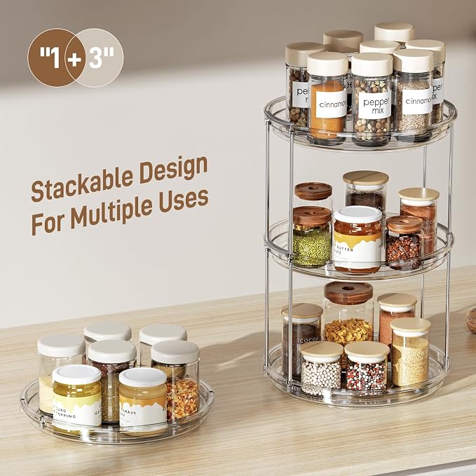 LAMU 4 Pack 2 Tier Lazy Susan Turntable Organizer 9.25'' Rotating Spice Rack Organization for Cabinet, Kitchen, Pantry, Countertop, Bathroom, Vanity, Medicine Cabinet Organizer, Clear