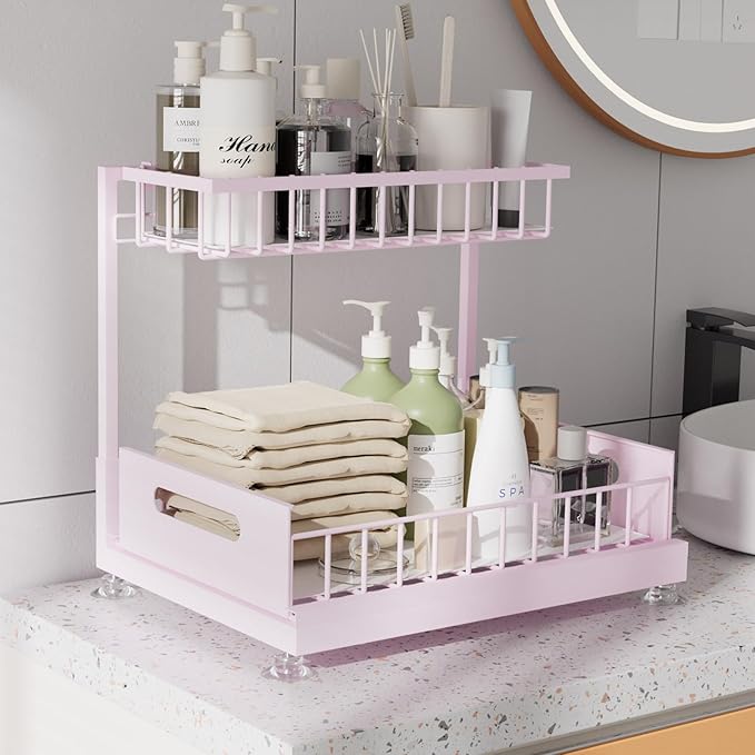 Saydear Under Sink Organizer Storage 2-Tier Premium Metal Pull-Out Kitchen Cabinet Organizer with Sliding Drawer, Height Adjustable, Heavy Duty for Kitchen & Bathroom Organizers 1 Pack Pink