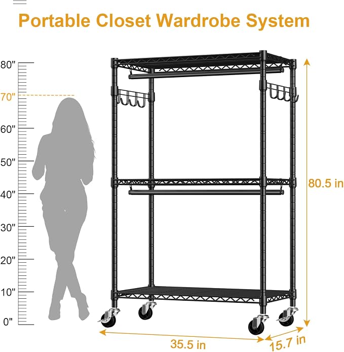 ULIFHOME P1 Rolling Clothes Rack, Portable Wardrobe Closet with Wheels, Heavy-Duty Closet Clothing Rack for Hanging Clothes, 35.5" W x 15.7" D x 80.5" H, Hold 500lbs, Black