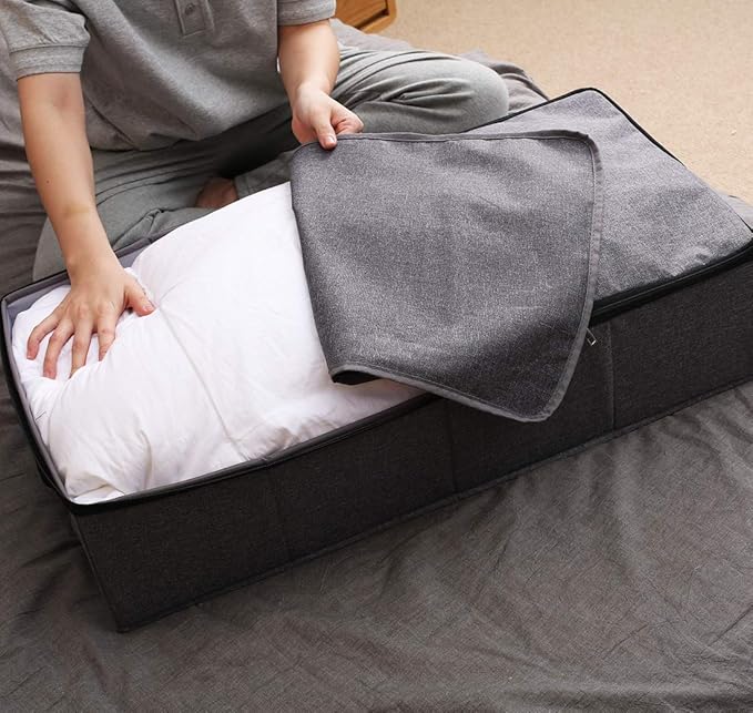 AMJ 29.5"*15"*7", Rigid Under Bed Garment Storage Bins, Folding & Washable, Soft Zip Lid, Black Gray