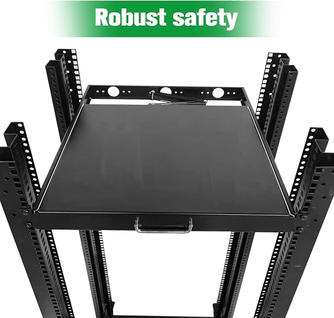 GlobalRack 1U Keyboard Drawer, 18 Depth, Extends to 27.5", Soft-Close | keyboard mount | 1U rack drawer | Soft-close damping | Foldable handle | Built-in cable management | Heavy-gauge stee