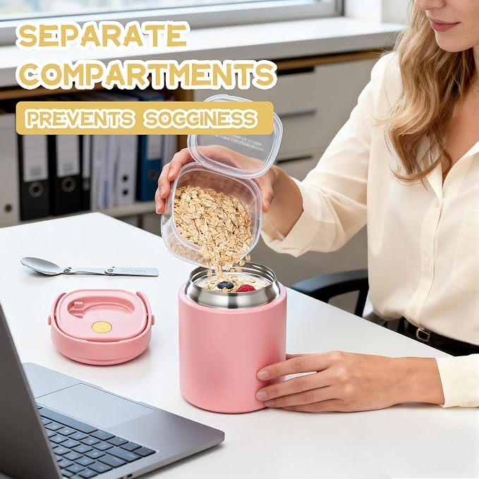 20oz Soup Thermo for Hot Food with a Snack Box Container，Leak Proof Insulated Lunch Container Kids and Adults，Stainless Steel Double Wall Vacuum Wide-mouth Food Jar with Spoon and Handle（Pink）