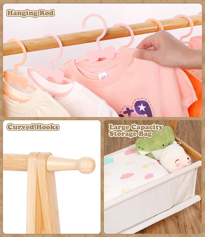 Kids Clothing Rack with Storage, Dress Up Rack, Child ClothesRack, Small Garment, for Costume, Bamboo (Natural Color)