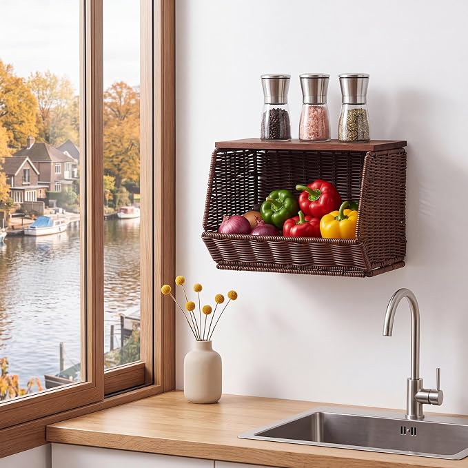 FoldTier Rattan Wicker Fruit Basket with Lid - 12 inch Stackable Wall Mounted Hanging Rattan Storage Basket for Kitchen Counter Handwoven Countertop Produce Organizer for Fruits Vegetables Snacks