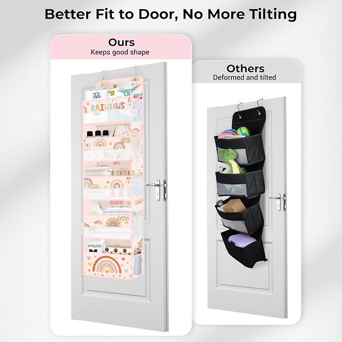 Clastyle Over the Door Organizer Diaper Toy Nursery Hanging Shelf, Boho | Pink Rainbow, 5-Tier Clear Window Mesh Pocket 44 lbs Weight Capacity, Behind Door Storage, Bedroom Bathroom Closet Pantry