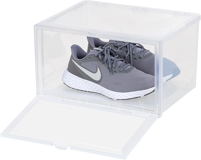 IRIS USA 6-Pack, Stackable Shoe Display Box with Flip Door, Clear | Protect footwear with stackable storage and easy access design for closets, entryways, and under bed spaces