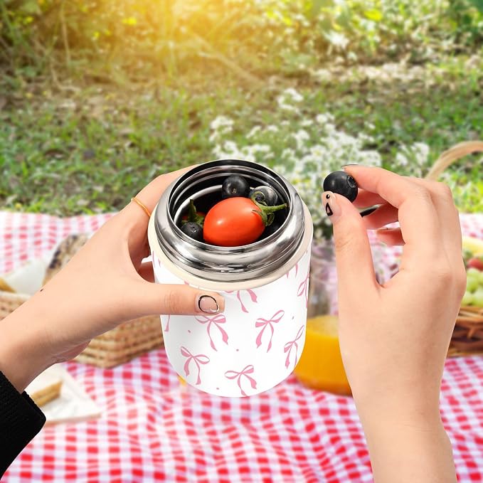 Pink Bow Vacuum Insulated Food Jar with Spoon, 17oz Stainless Steel Hot Cold Lunch Container, Wide Mouth Leakproof Soup Thermo for Kids Adults