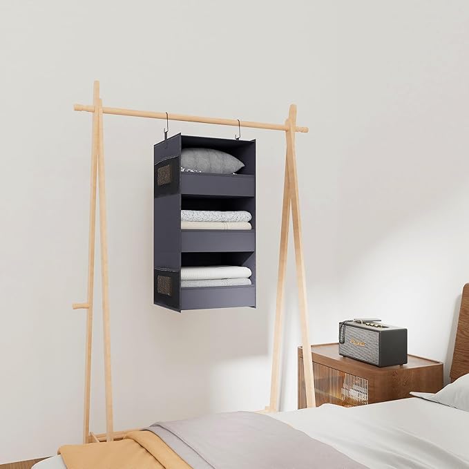 3-Shelf Hanging Closet Organizer and Storage, Foldable Hanging Closet Shelves Front Lip Design Washable Hanging Storage, Dark Gray
