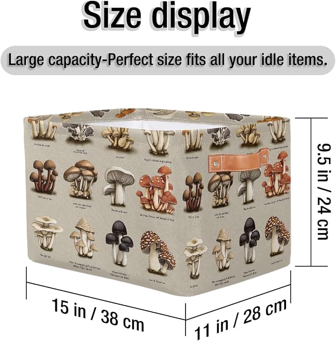 Rectangular Storage Bins Colorful Mushroom Illustration Collapsible Fabric Storage Basket Organizer with Handles for Nursery Bedroom Bathroom