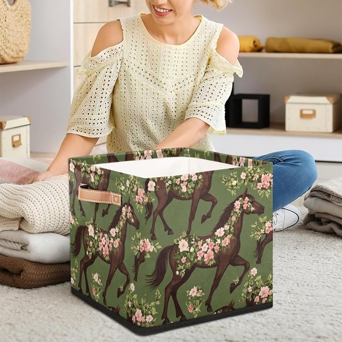 TropicalLife Floral Horse Storage Cube, 13 Inch Fabric Cube Storage Organizer Bin for Shelves Clothes, Decorative Foldable Storage Boxes