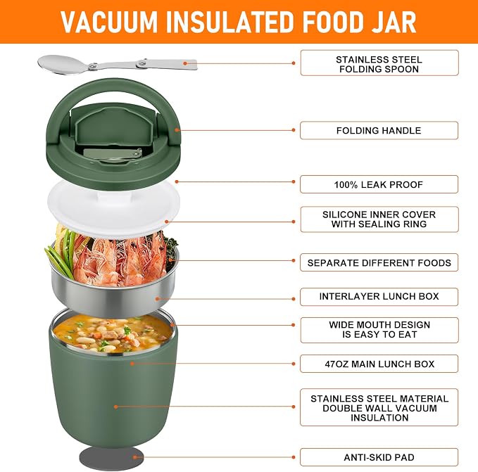 wiwens 40oz Insulated Lunch Containers for Adults Soup Thermo for Hot Food | Leak Proof Wide Mouth Vacuum Stainless Steel Thermal Jar Bento Box with Buckle Lid and Spoon