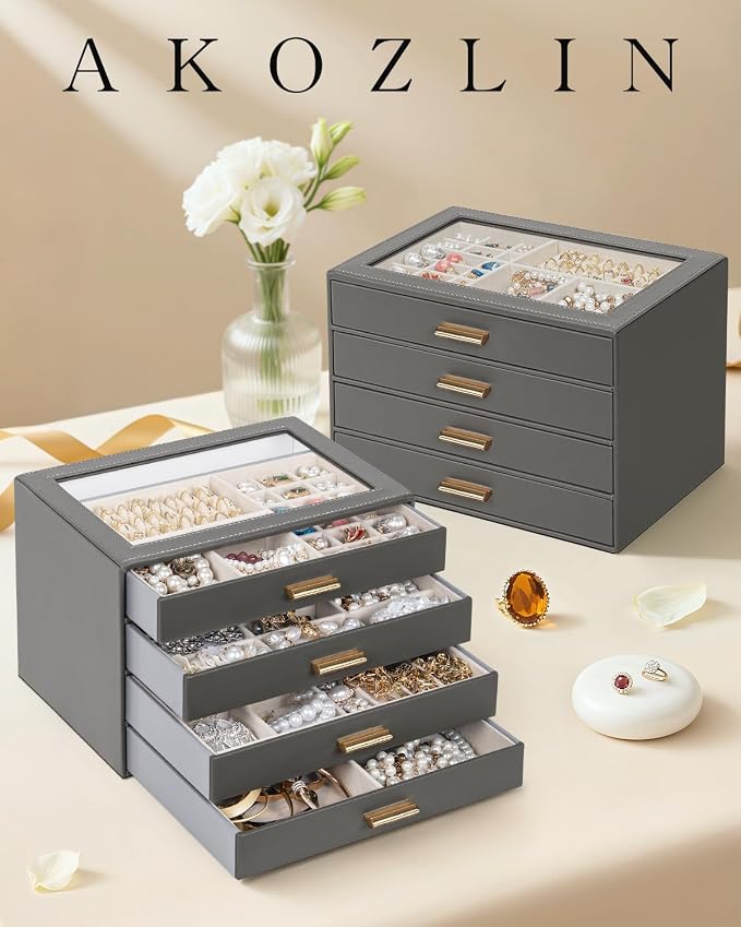 AKOZLIN Jewelry Box with Clear Lid Functional Leather Jewelry Storage Organizer Case 4 Drawers for Women Girls Necklace Ring Bracelet Earring DarkGrey