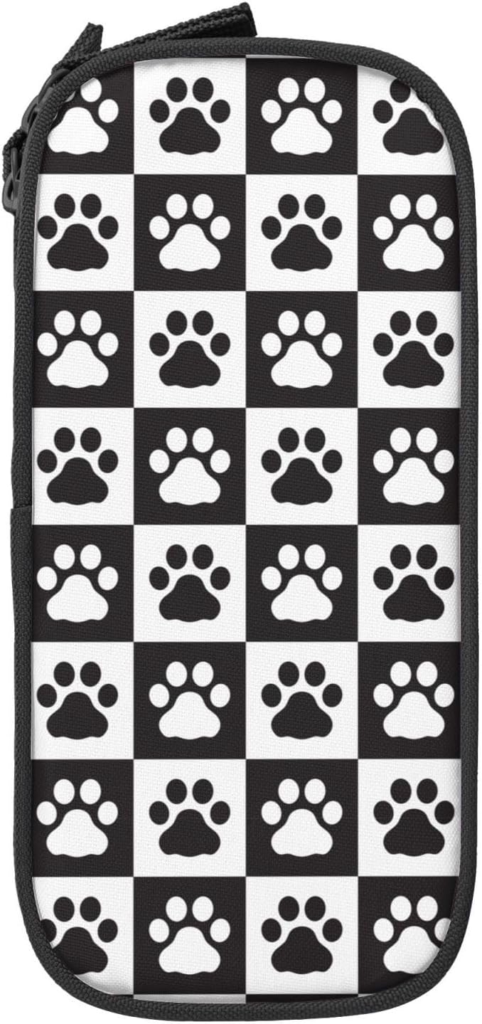 Perinsto Black And White Checkered Dog Paws Pencil Case Big Capacity Multi Compartment Stationery Box Pencil Pouch Holder Desk Organizer For School Office Home