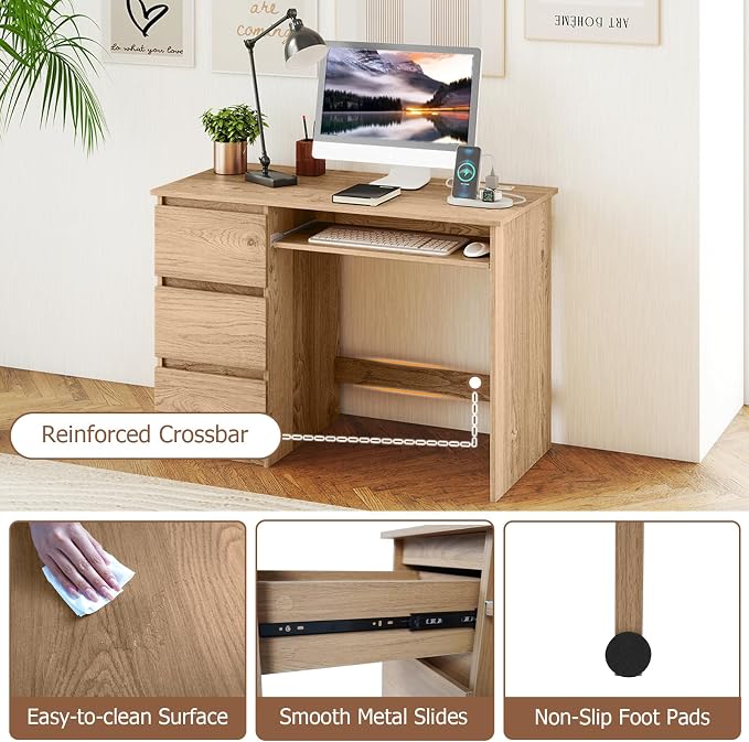 GOFLAME Computer Desk with 3 Drawers & Charging Station, 42” Home Office Desk with Storage & Keyboard Tray, Writing Desk PC Workstation Vanity Table (Natural)