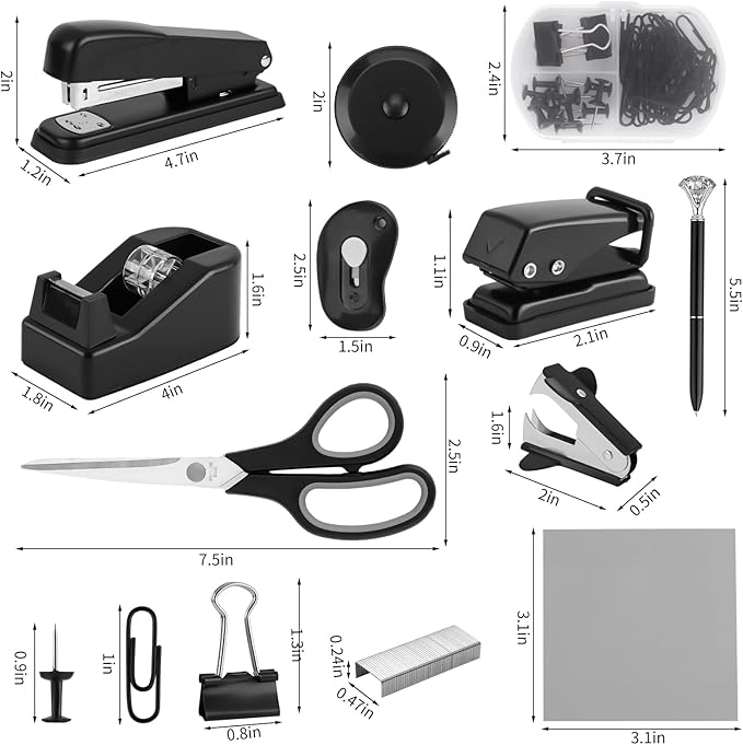 Black Desk Accessory Kit Cute Office Supplies Set Desktop Stapler Set Includes Staple Remover Hole Punch Tape Dispenser Ballpoint Pen Scissor Mini Box Cutter Tape Measure Paper Clips Sticky Notes