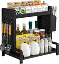 Spice Rack with Pull Out Drawer Counter Storage Organizer Metal 2-Tier | Rust-Resistant Holds 20 lbs Saves 50% Counter Space with Hooks & Hanging Basket for Kitchen Coffee Bar Bathroom Apartment