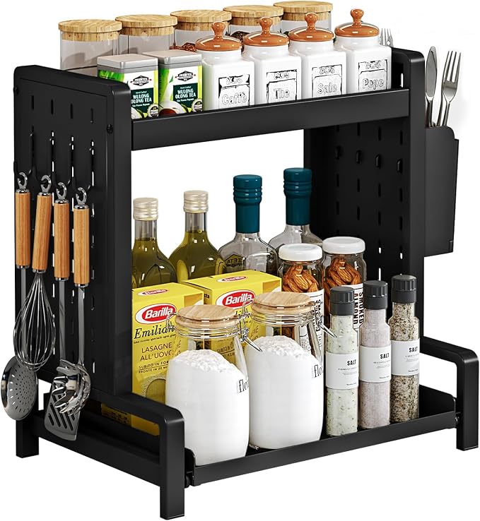 Spice Rack with Pull Out Drawer Counter Storage Organizer Metal 2-Tier | Rust-Resistant Holds 20 lbs Saves 50% Counter Space with Hooks & Hanging Basket for Kitchen Coffee Bar Bathroom Apartment