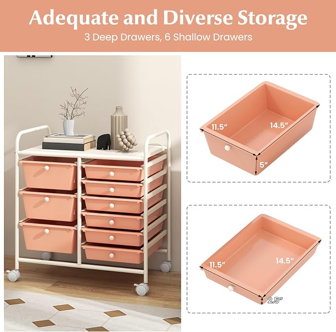 Moccha 9-Drawer Rolling Storage Cart - Under Desk Storage Drawers with wheels for Craft Art Supply Paper Salon, Scrapbook Paper Tools, Mobile Utility Cart for Classroom, Peach
