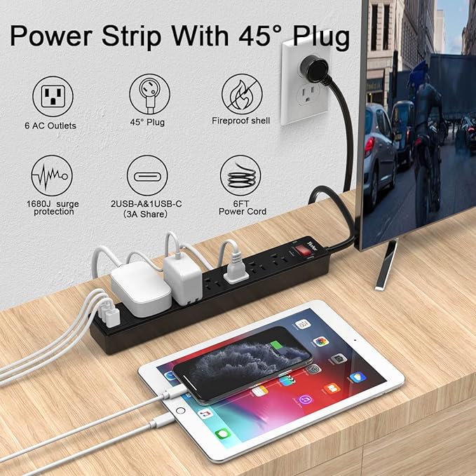6Ft Power Strip Surge Protector - Yintar Extension Cord with 6 AC Outlets and 3 USB Ports for for Home, Office, Dorm Essentials, 1680 Joules, ETL Listed, (Black)