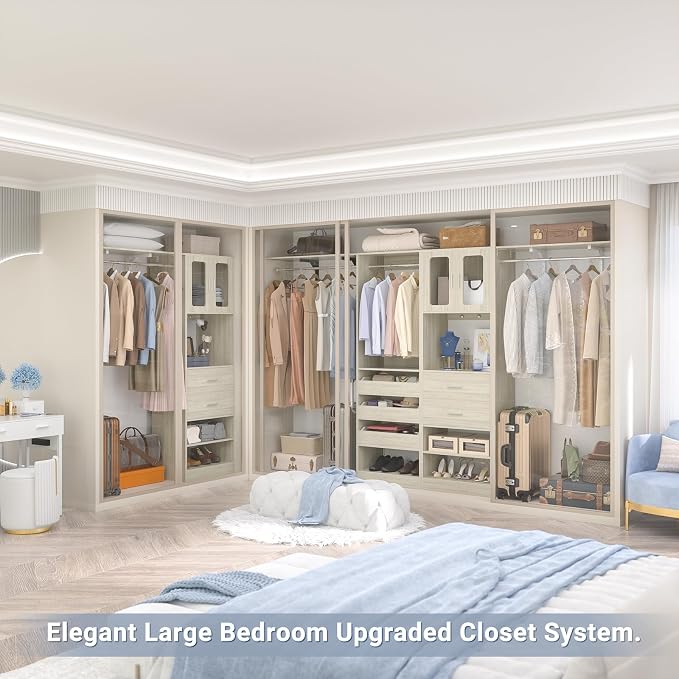 6.7FT-10FT Closet System Set with Half-Open Drawers, 80.5''-120" Wooden Modular Wardrobe Set with Shelving Towers, 80'' Height Closet Organizer with Hanging Rods and 2 Big Wing Shelves, White Oak