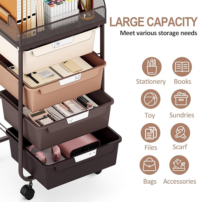 SYKIARIOL 4-Drawer Rolling Storage Cart with Mesh Top, Utility Craft Organizer Cart on Wheels with DIY Labels, Rolling Drawer Cart for Home Office Classroom Bedroom, Brown