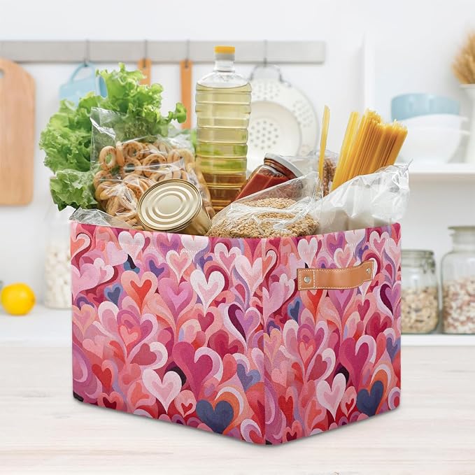 Cube Storage Bins for Shelves, Abstract Red Heart Collapsible Fabric Toys Storage Basket Box with Handles for Home Office Bedroom Closet