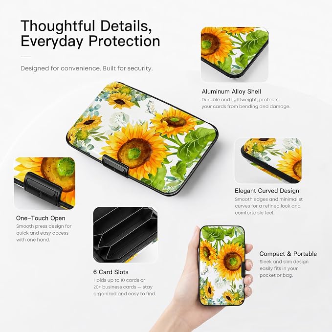 Credit Card Holder Sunflowers Mini Aluminum Wallet for Women Men | Slim Design, RFID Blocking, Metal Business ID Case
