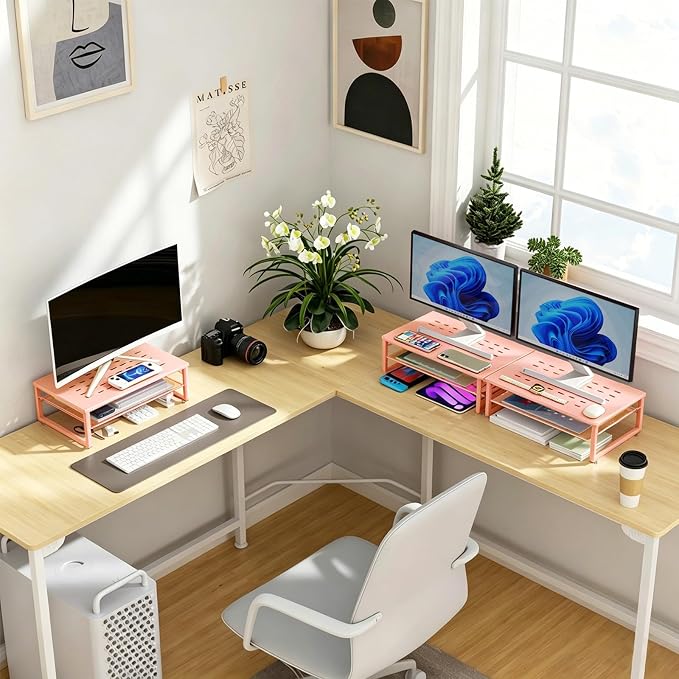 gianotter 2-Tier Metal Monitor Stand Riser, Desk Organizer for Monitor, Office Desk Storage Organizer for Office Supplies (Rose Gold)