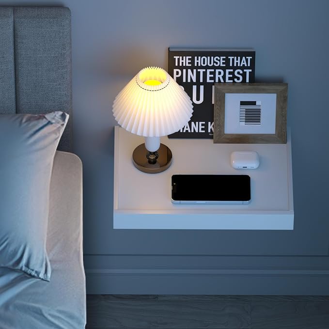 TEAMIX Wall Mounted Folding Bedside Shelf, White Wood Floating Nightstand Table with Heavy-Duty Brackets, 16.5''x12'' Space Saving Bed Side Tray Storage for Bedroom, Living Room, Dorm (White, Basic)