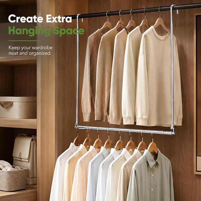 2 Pack Hanging Closet Rod Stainless Steel, Adjustable Width & Height 16–27.5 in Closet Rod Extender with 360° Rotating Hooks, Space-Saving Closet Hanging Organizer for Clothes, Pants, Skirts, Towels