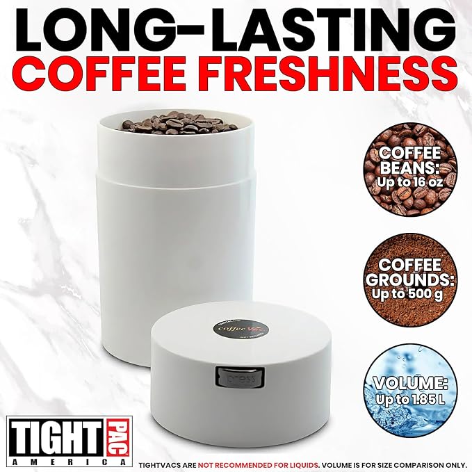CoffeeVac 1LB – Patented Airtight Container | Multi-use Vacuum container works as smell proof containers for ground coffee and coffee bean containers. White cap and body