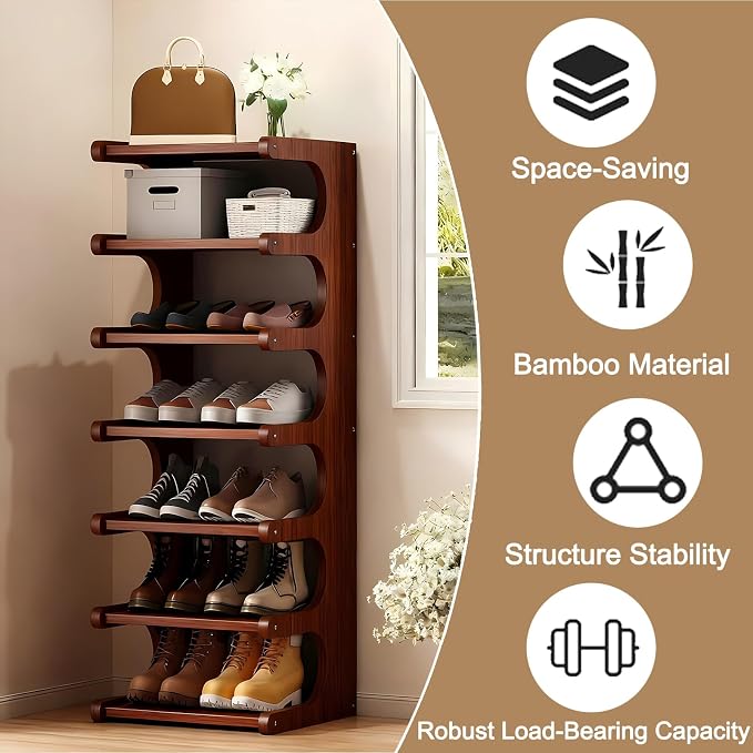 7-Tier Vertical Shoe Rack, Bamboo Free Standing Shoe Rack Shelf, Shoe Storage Stand, Entryway Shoe Tower, Vertical Shoe Organizer for Narrow Closet, Entryway, Hallway