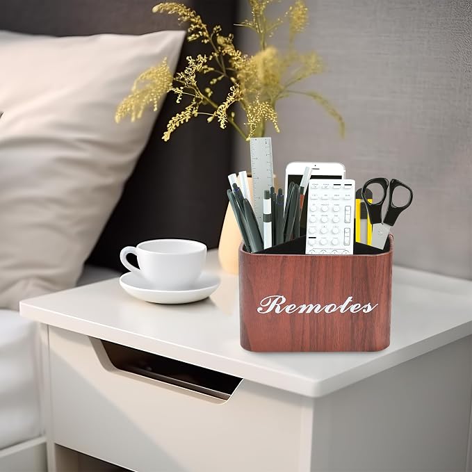 Square Leather Art Supply Organizer,Remote Control Holder with Removable Dividers,360°Rotatable Pencil Holders,4 Compartments Organizer for Office Supplies Storage Box(1-Light Brown)