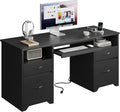 Bestier 59” Computer Desk with 4 Drawers, Charging Station, Black | Office Desk with Storage, Modern Executive Desk with Keyboard Tray & Wooden Pedestals on Both Sides for Home Office & Studio
