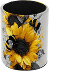 Faux Leather Pen Holder for Desk, Pencil Organizer Bee and Sunflowers Pen Cup Desk Decor Makeup Brush Holder Storage for Office Home